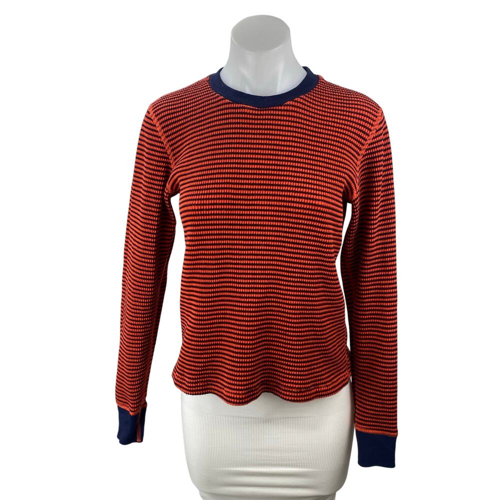 Re/Done Women's Red Ribbed Knit Striped Crewneck Long Sleeve Sweater Top Size S